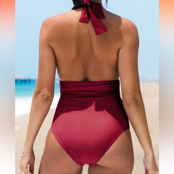 NWT CUPSHE V Neck One Piece Swimsuit Halter Backless Ruched Tummy Control, Large - Picture 2 of 9